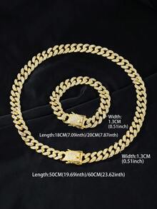 1套金色嬉哈閃亮水鑽18k鍍金13毫米邁阿密粗項鍊手鍊套裝,適用於情侶、男女之間的搭配,日常、街頭風格、夜店、假日、休閒穿著,新年、聖誕、情人節禮物,男女朋友、情侶的新年禮物,西岸黑幫、饒舌歌手名人風格的珠寶飾品 - 金黃色 - 查看 2