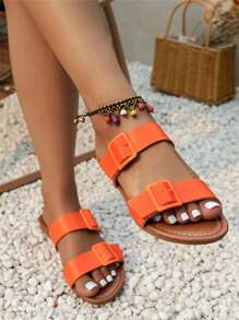 2024 Foreign Trade Spring And Summer New Style Soft Soled Sandals With Thick Leather Straps And Buckles For Women, Popular Flat Bottom Ladies' Slippers Fashionable, Comfortable, And High-Selling - Orange - View 1