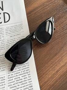 1pc Black Frame Cat Eye Sunglasses Unisex High-End Sun Protection Fashionable Vintage Street Style Shades For Ins Personalized Outfits - Black - View 2