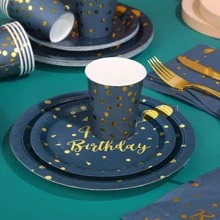 84pcs Golden Birthday Party Supplies Set, Birthday-Stamped Disposable Dinner Plates, 7/9 Inch Deep Blue With Gold Birthday Party Plates, Golden-Stamped Disposable Paper Plates, Cups And Napkins, Suitable For Birthday Party Decorations