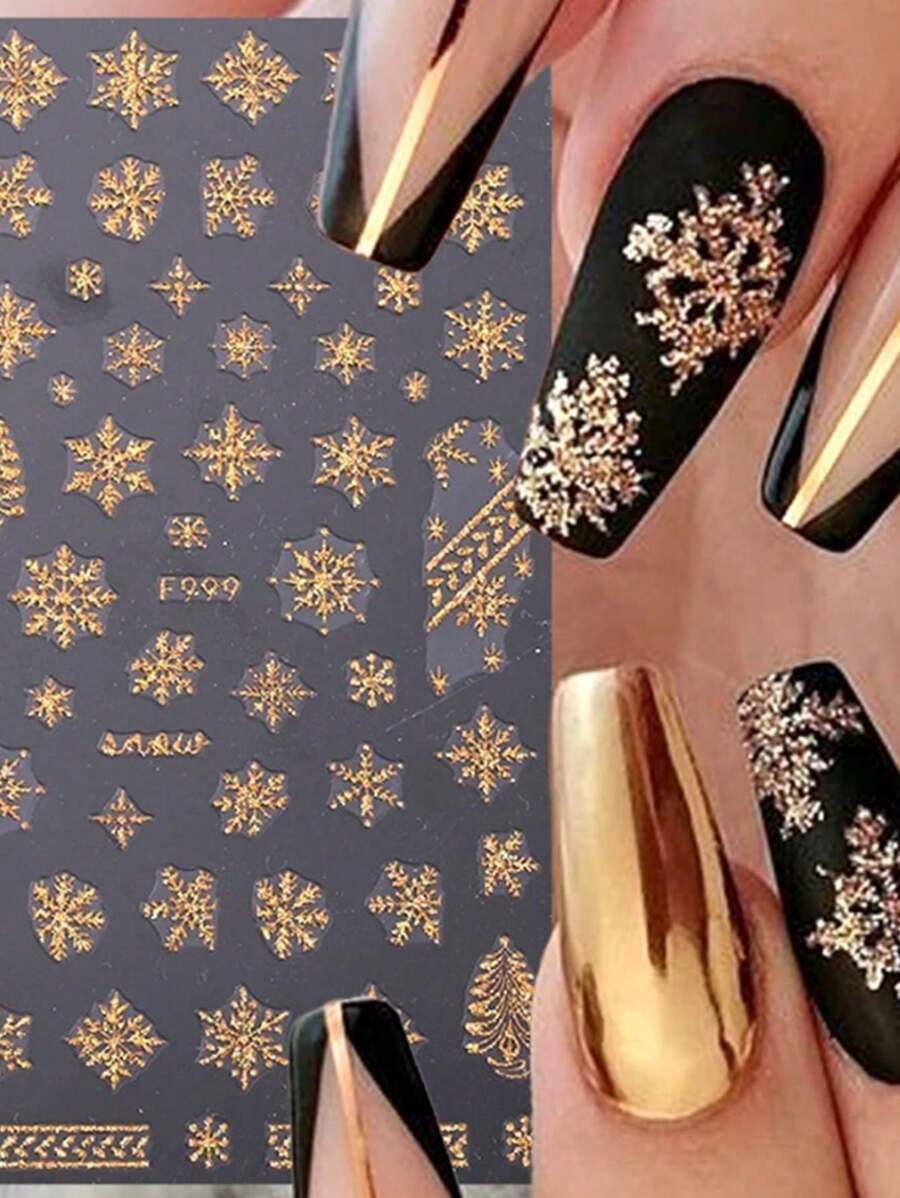 3d 金色閃光雪花指甲貼紙冬季反光白色毛衣明星舞者聖誕樹箔聖誕新年貼花技巧 - 芥末黃 - 查看 1