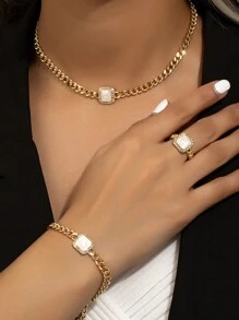 3pcs/Set Geometric Shape Women's Jewelry Set With Enamel Inlaid Diamond Necklace, Bracelet And Ring - White - View 1