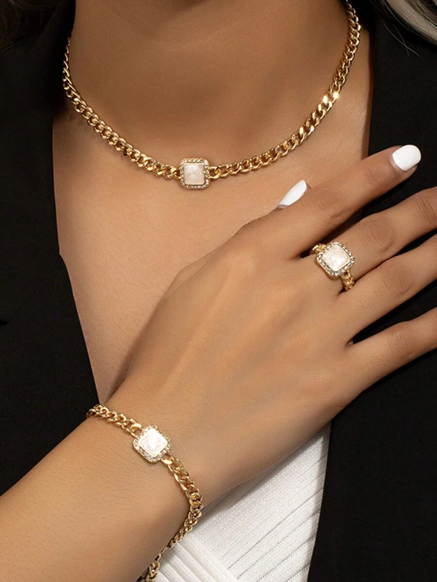 3pcs/Set Geometric Shape Women's Jewelry Set With Enamel Inlaid Diamond Necklace, Bracelet And Ring - White - View 1