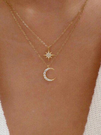 1قطعة من العقود النسائية القابلة للطيف في طبقتين 925 من الفضة الإسترليني مع قلادة نجمة، قمر، قلب، مزينة بزركونيا ولؤلؤ صناعي مع سلاسل قصيرة أنيقة