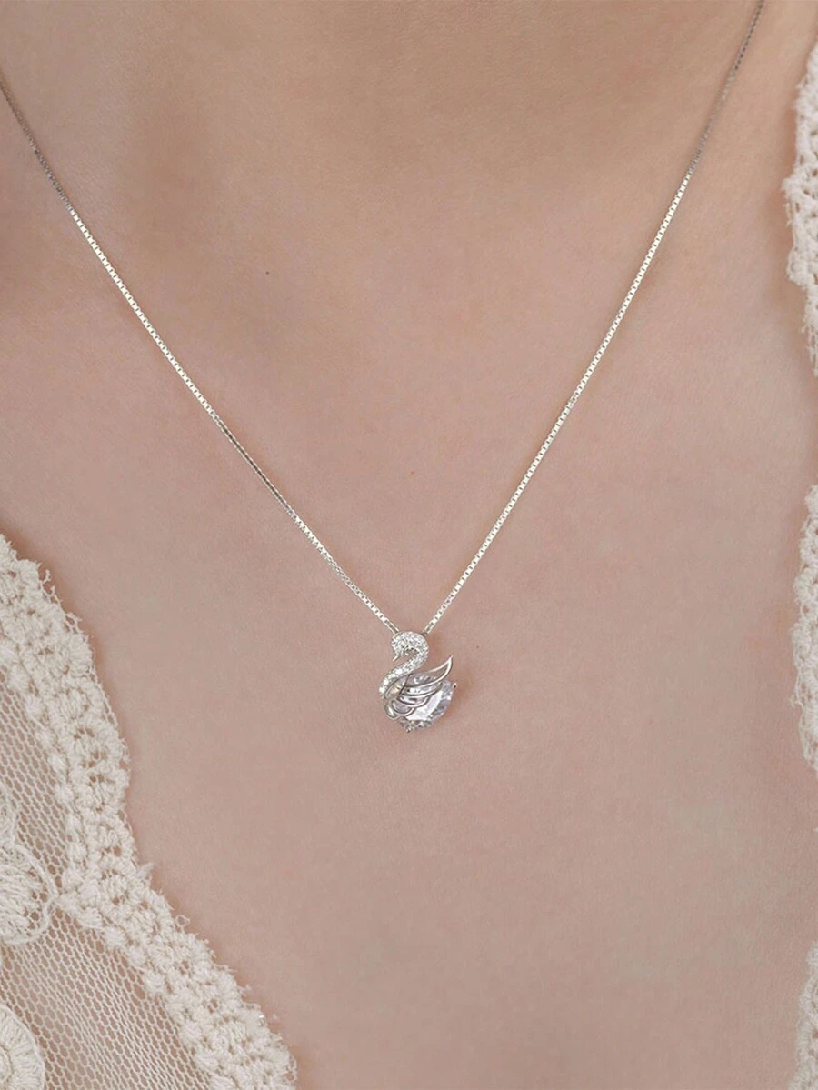 1入組925純銀天鵝吊墜帶鑽石,精美&時髦母親節禮品項鍊