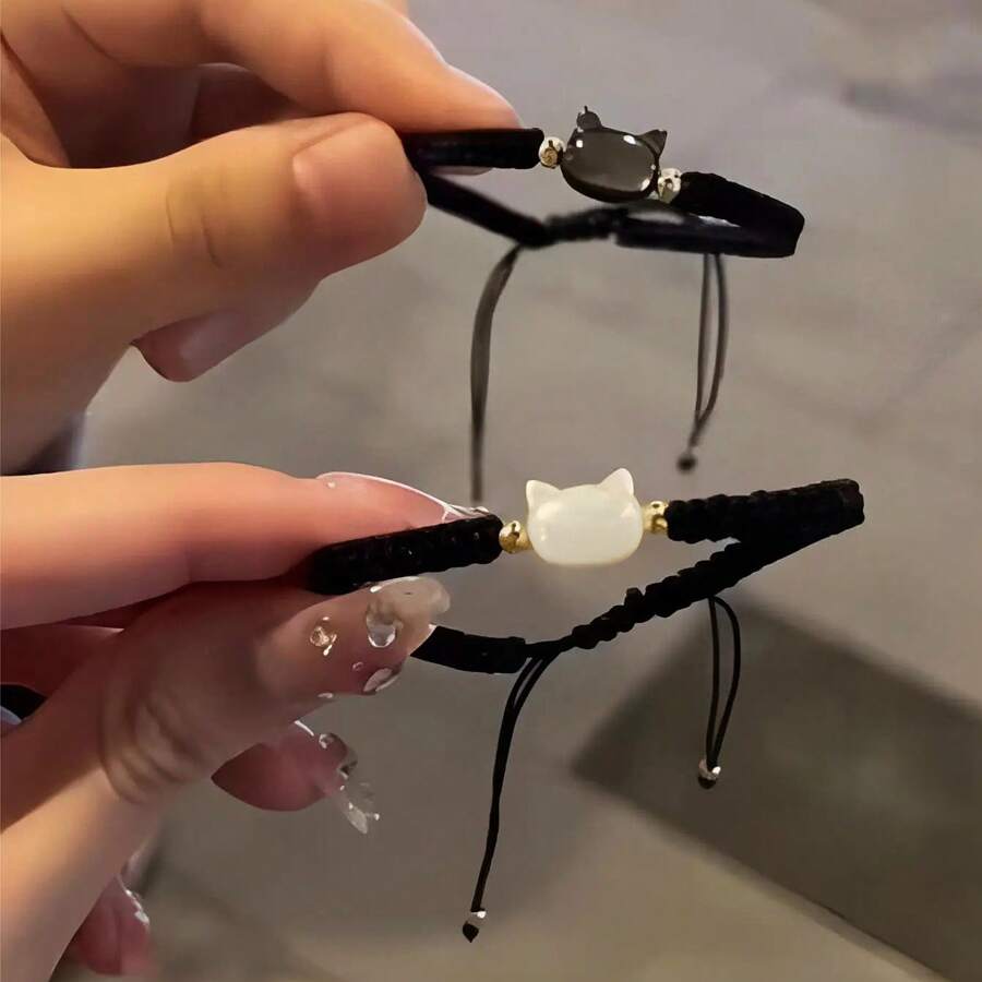 1 cái Của lột vỏ Dễ thương Đen Và Trắng Mèo Vòng tay bện Đối với phụ nữ Ins Tối giản Tay Dây bện Cặp đôi Qủa tặng Bạn Qủa tặng - Nhiều màu - Xem 1
