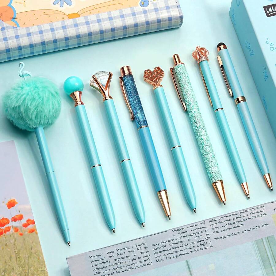 8 Pieces Ballpoint Pen Set Metal Crystal Diamond Pen Glitter Pen For Journaling Black & Blue Ink Pretty Cute Writing Pens Fancy Pens Gifts For Women Office Home Suitable For Pupils, Students, Colleges - 藍色 - 查看 1