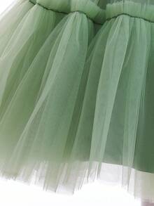 Vestido De Princesa Sólido Sin Mangas Para Niñas De Talla Intermedia Con Malla Y Detalles De Lazo Y Flor - Verde - Ver 3