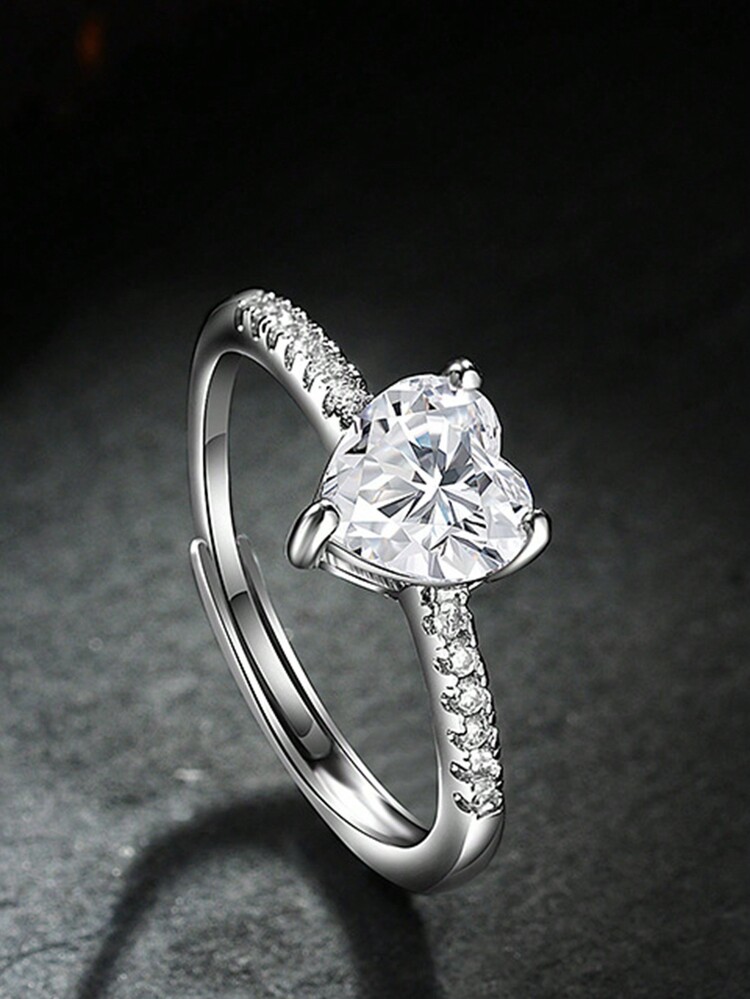 1 Anillo Corazón De Acero Inoxidable Con Diamante De Imitación Para Mujeres, Tamaño Ajustable - Plateado - Añade 6
