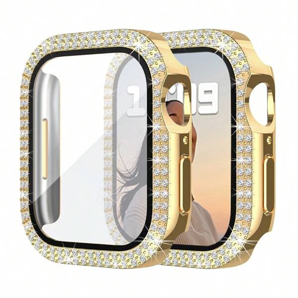 1pc Two-In-One Gold-Colored Luxury Diamond-Inlaid Protective Case With Tempered Glass Screen Protector, All-Around Slim Anti-Collision Full Coverage, Compatible With Apple Watch 38MM 40MM 42MM 44MM 45MM Apple Watch Series Ultra 9 8 7 6 5 4 3 2 1 SE, For Women And Men