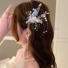 蝴蝶&流蘇髮夾髮飾,古風設計,優質人工水晶,適用於表演或作為公主頭飾 - 彩色 - 查看 4