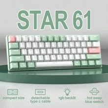 MageGee Star61 Mini 60% RGB 電競機械鍵盤，61 鍵有線熱插拔多裝置電競鍵盤，配備客製化橘貓軸，適用於筆記型電腦、平板電腦及電競玩家 - 綠白混搭 - 查看 3