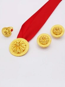 Luxury Jewelry Sets Gold Plated Earrings Ring Pendant Black Rope Chain For Women Eritrean African Bride Party Engagement Wedding - Red - View 2