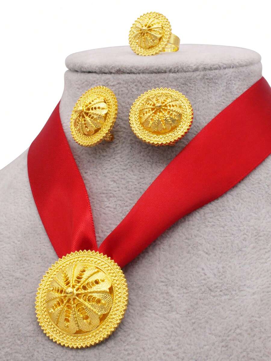 Luxury Jewelry Sets Gold Plated Earrings Ring Pendant Black Rope Chain For Women Eritrean African Bride Party Engagement Wedding - Red - View 1