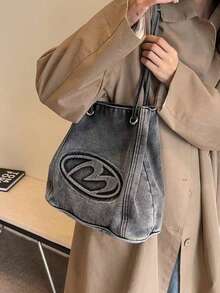 1 Piece Of Black Embossed Letter Decorated Denim Casual Shoulder Crossbody Bag Suitable For Women To Work, Commute, Vacation, Travel, Take Photos, Date, And Shop As Gifts - Black - View 2