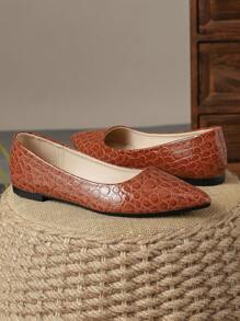 舒適的尖頭女士平底鞋，深藍色和黑色蛇皮紋路，黃色鞋底，適合度假和旅遊。秋季低調設計的橄欖綠色休閒實色鞋子。 - 棕色 - 查看 3