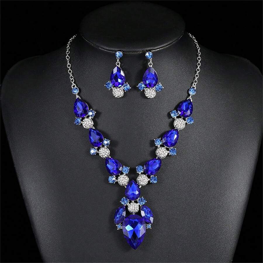 BriLove Conjunto De Joyería Nupcial Para Mujer Con Aretes Colgantes De Cristal Con Diseño De Racimo De Hojas Y Flores Y Collar Con Colgante Para Novia, Cristal Metal, Diamantes De Imitación