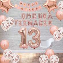 39 件 OMG URA TEENAGER 13 岁生日派对装饰横幅、玫瑰金铝箔气球横幅、生日快乐横幅星形铝箔气球、玫瑰金和五彩纸屑乳胶气球、女孩 13 岁生日派对装饰、圣诞节 - 玫瑰金 - 查看 2