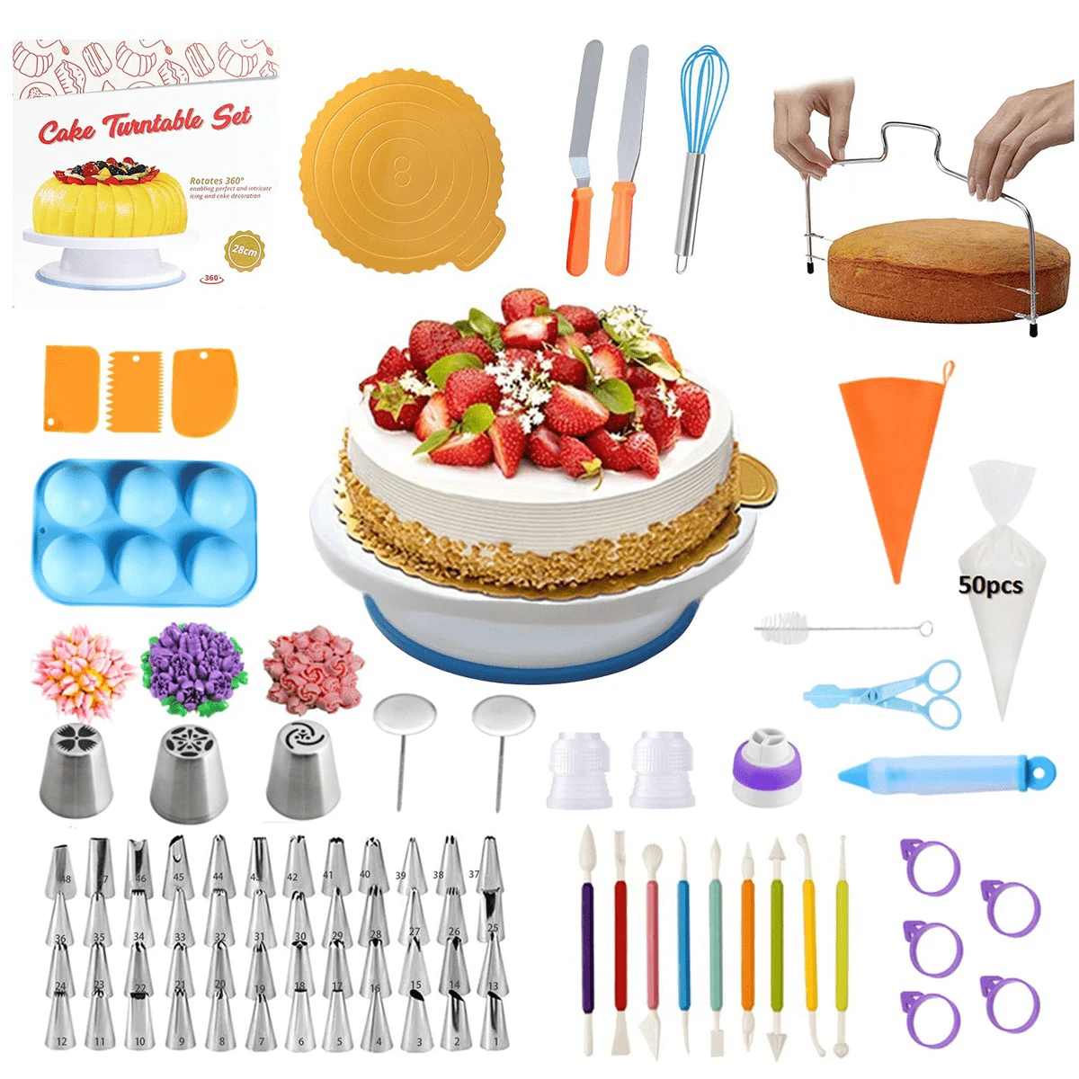 Cake Decorating Supplies Kit, 132pcs Baking Pastry Tools For Beginner, Spherical Mold, Cake Turntable Stand, 3 Russian Piping Nozzles, 48 Numbered Piping Tips, Angled Spatula, With Pattern Chart - Multicolor - View 1