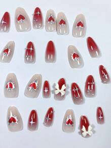 Valentine's Day 24pcs/Set Mid-Length Almond Shape 3d Bowknot Pearl & Rhinestone Decor Gradual Red Heart Fake Nail Tips Set For Nail Art Press On Nails Nail Supplies