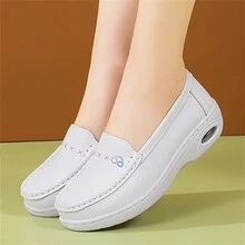 女護士鞋氣墊鞋底護士工作安全鞋,純色防滑一腳蹬鞋,休閒厚底鞋 - 白色 - 查看 4