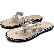 Shendy Vendy Sandalias Mujer con Piedreria de Cristales Brillantes Para Interior Y Exterior, Antideslizantes, Zapatillas de casa de Moda para interiores dormitorio/sala de estar, otoño e invierno,sencilla y texturizada, ideales para las vacaciones de verano chanclas Casuales de Mujer - Dorado - Ver 1
