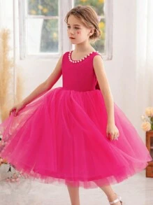 Đầm công chúa dự tiệc Giáng sinh khoét lưng khoét sâu chữ V đính ngọc trai màu hồng cánh sen cho bé gái, thích hợp cho tiệc sinh nhật, tiệc chiêu đãi, dịp trang trọng, đám cưới, phù dâu, biểu diễn sân khấu - Màu Hồng Tươi - Xem 4