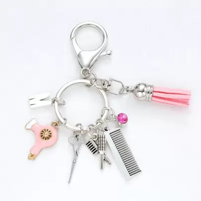 1pc Lady Hair Styling Tassel Keychain With Vintage Mini Scissors Hair Dryer And Comb Hairdresser Gift Bag Accessory Key Chain Charms Keyrings