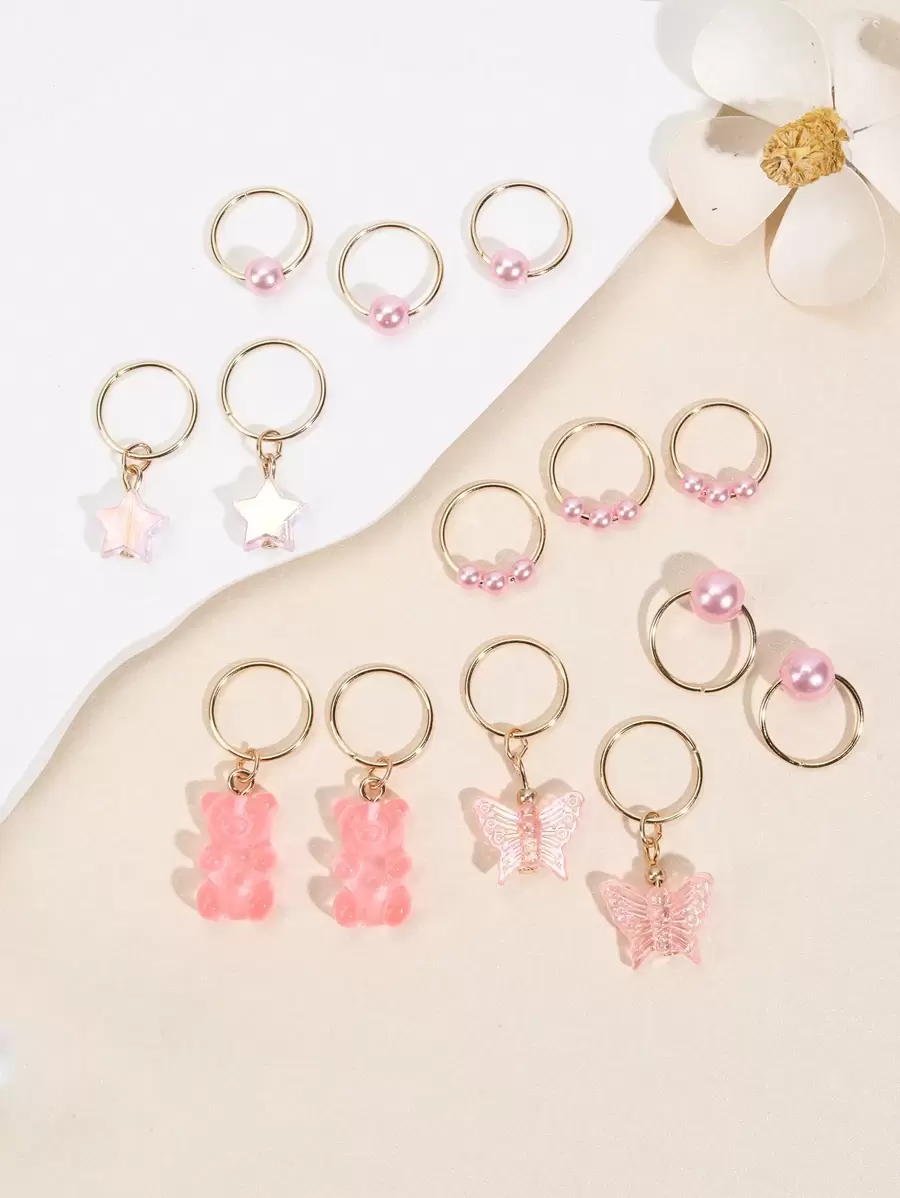 14件粉色发饰珠子，适用于编发、星星仿珍珠小熊造型发圈装饰，女士发饰，适用于头发和脏辫。可爱粉色发夹，学习用品 - 粉色 - 查看 1