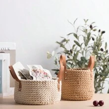 Handmade Woven Storage Basket, Crochet Plant Pot Cover, Desk Decoration, Makeup Organizer - Light Brown - View 5