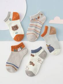 5 Pairs Of Cute Alphabet Bear Striped Tree Fashion And Versatile Daily Socks For Boy And Girl