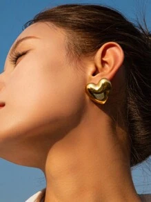 Uworld 1pc 18k Gold-Plated Exaggerated Large Heart Shape Stud Earring, Stainless Steel Ear Stud For Women, Daily Wear Or Valentine's Day Gift Valentines - Silver - View 4