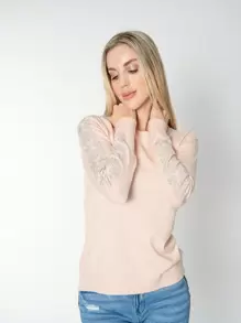 Plain Sweater With Flower Glitter - 珊瑚橙 - 查看 1