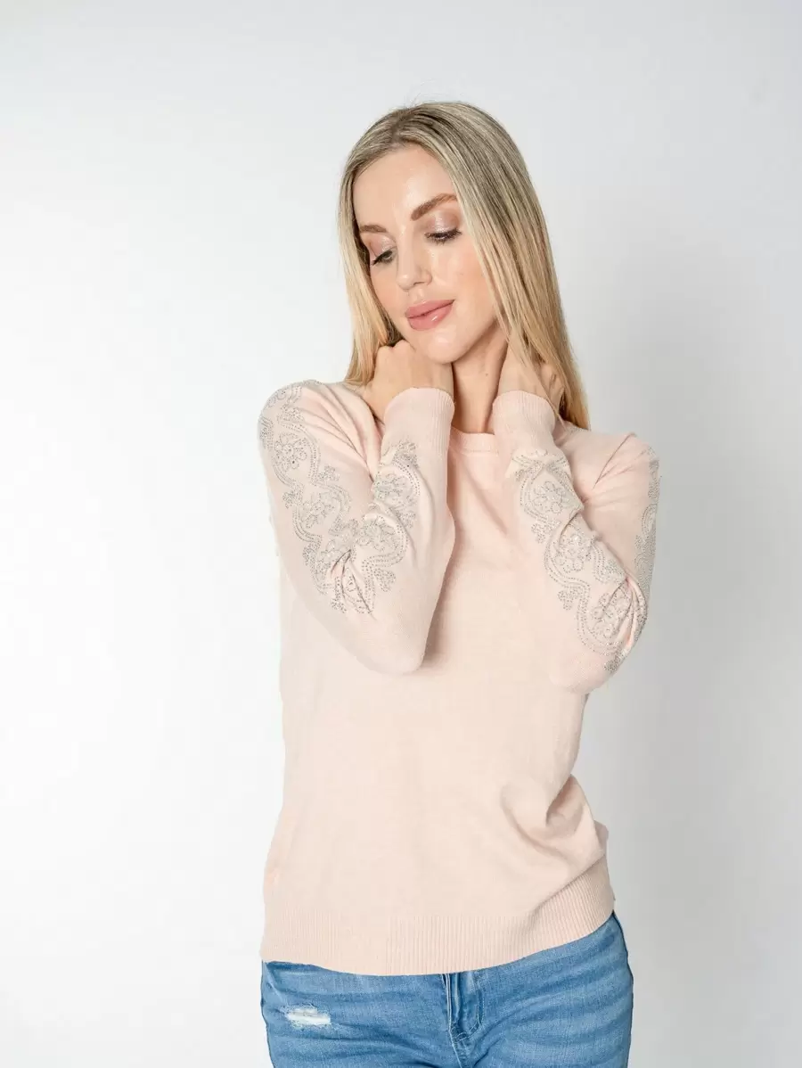 Plain Sweater With Flower Glitter - 珊瑚橙 - 查看 1