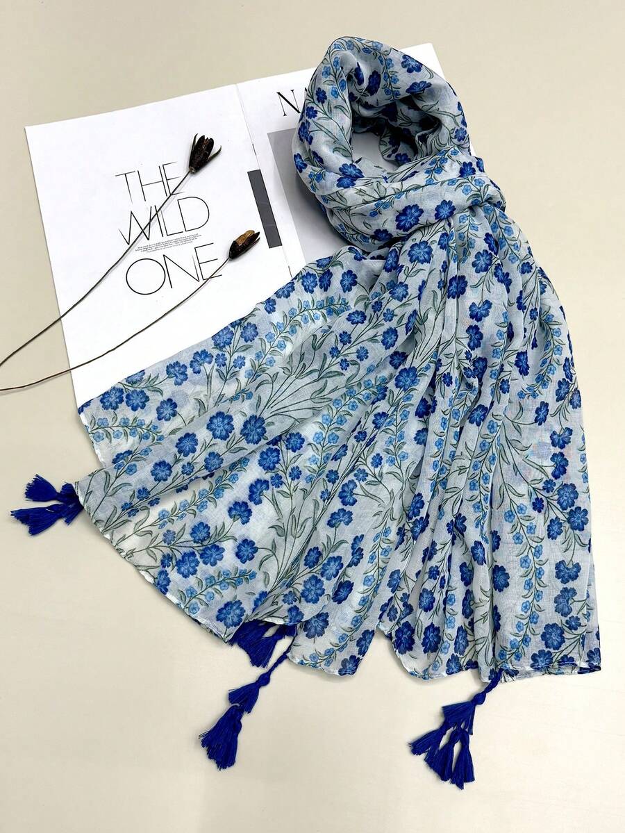 1pc New Arrival Simple Printed Women's Scarf, Versatile Shawl With Tassels For Fall, Winter, Spring, And Summer - White - View 1