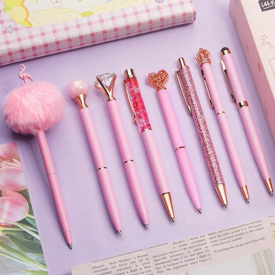8 Pieces Ballpoint Pen Set Metal Crystal Diamond Pen Glitter Pen For Journaling Black & Blue Ink Pretty Cute Writing Pens Fancy Pens Gifts For Women Office Home Suitable For Pupils, Students, Colleges - 粉色 - 查看 1
