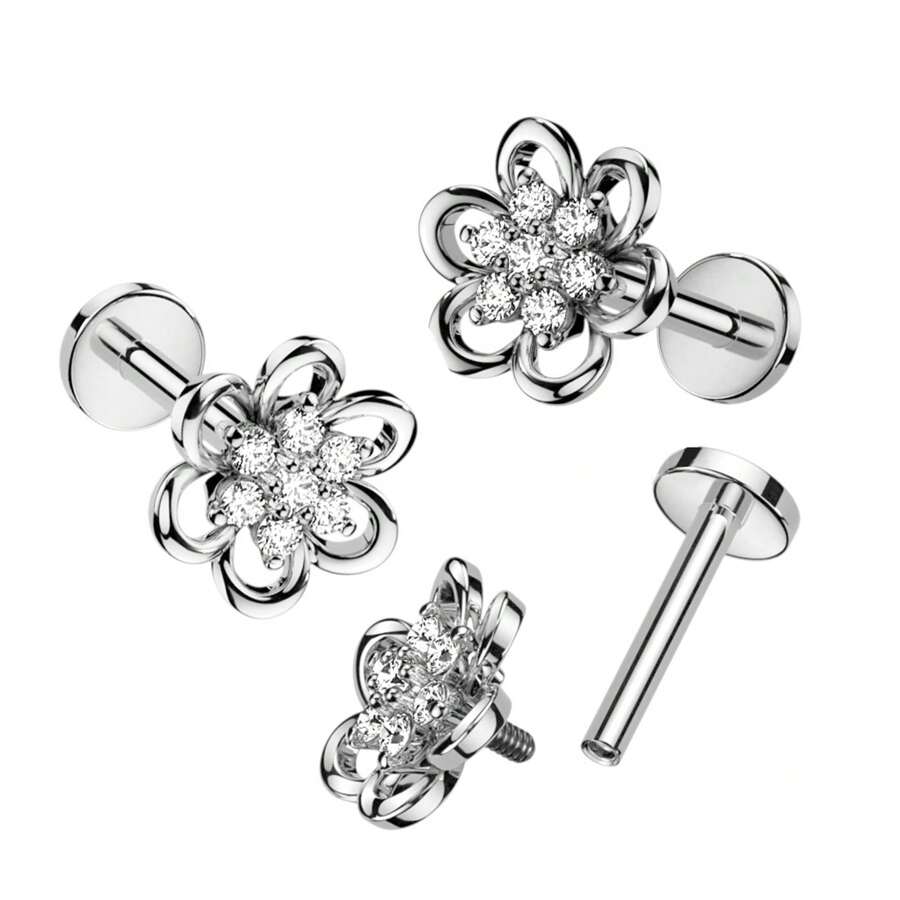 1 pieza Arete, Labret, Spigón de acero inoxidable 316 con rosca interna, con flor hueca y centro de CZ