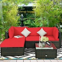 5 Pieces Outdoor Patio Rattan Furniture Set With Cushions-Red & White - 紅色的 - 查看 3