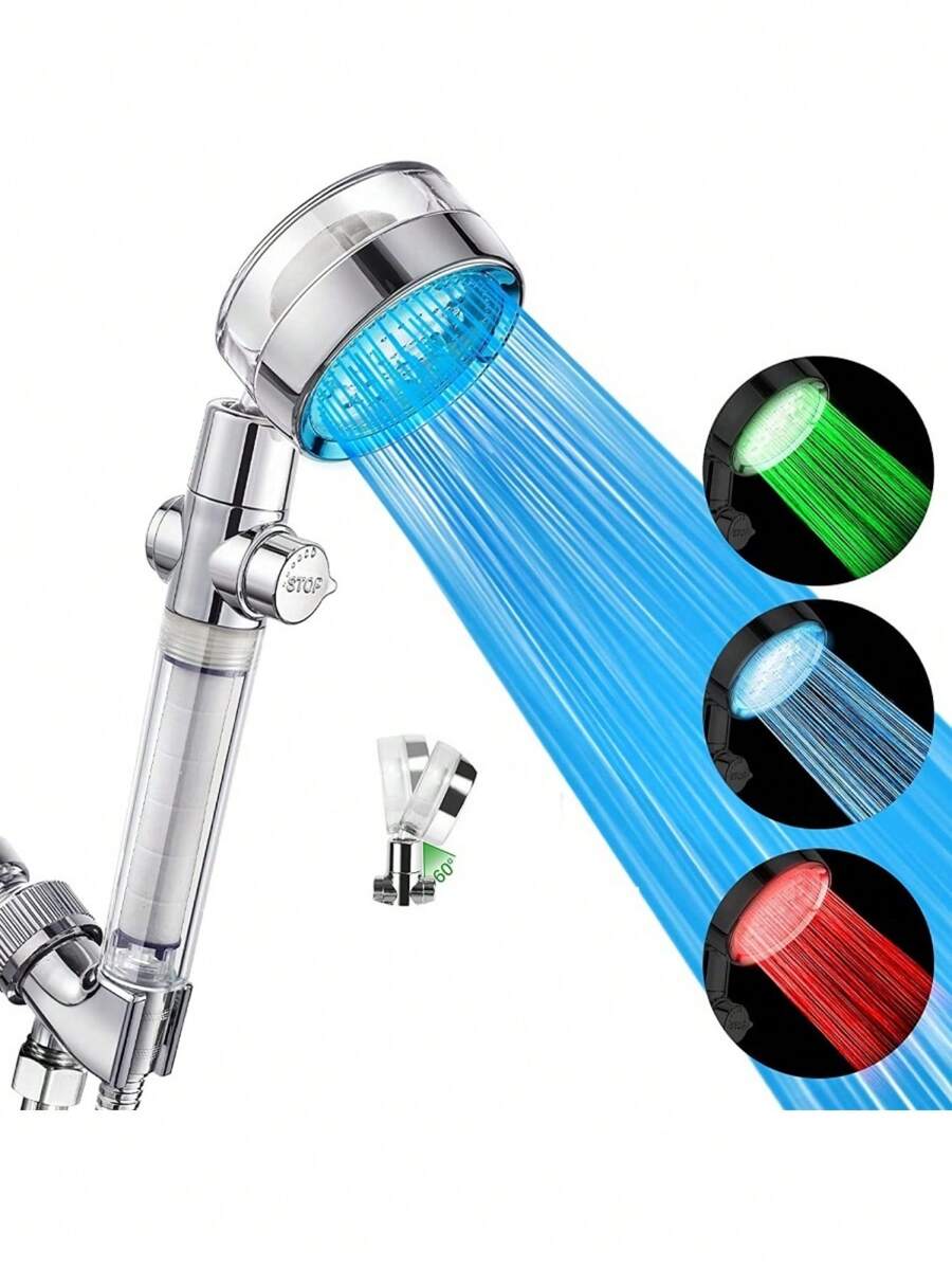 Led Shower Head, Handheld High-Pressure Shower, Color Changing With Water Temperature, One-Button Pause Control - Multicolor - View 1