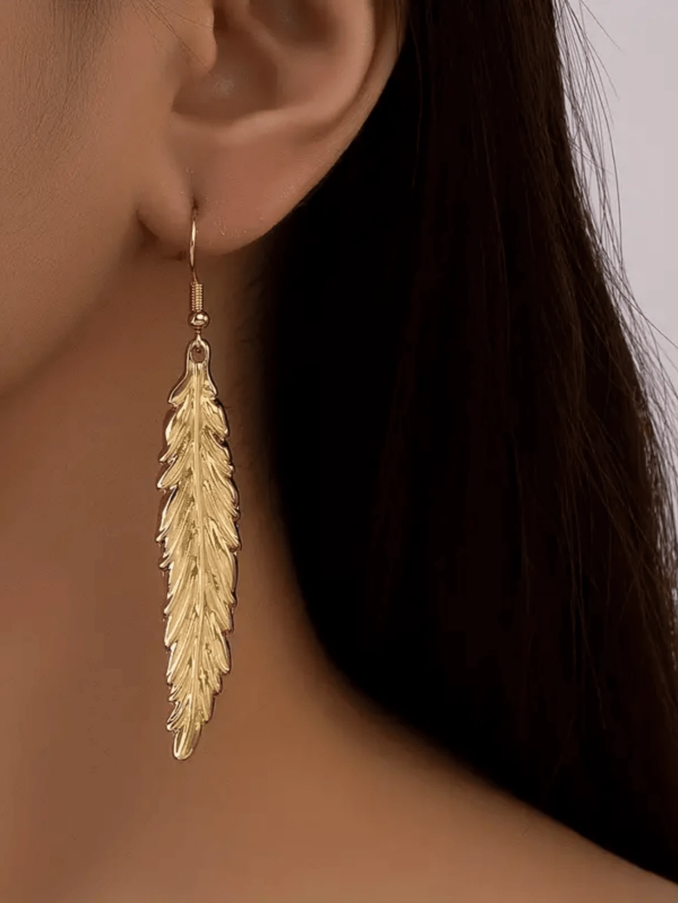 时尚女士百搭简约羽毛吊坠耳环 - 金黃色 - 查看 1
