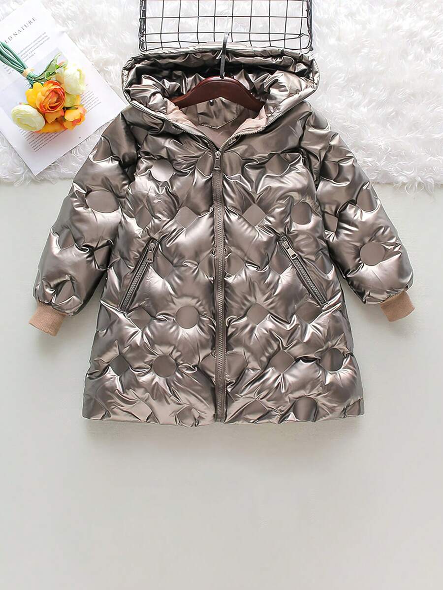 Young Girl Thick Shiny Leather Free Wash Hooded Padded Coat - Champagne - View 1
