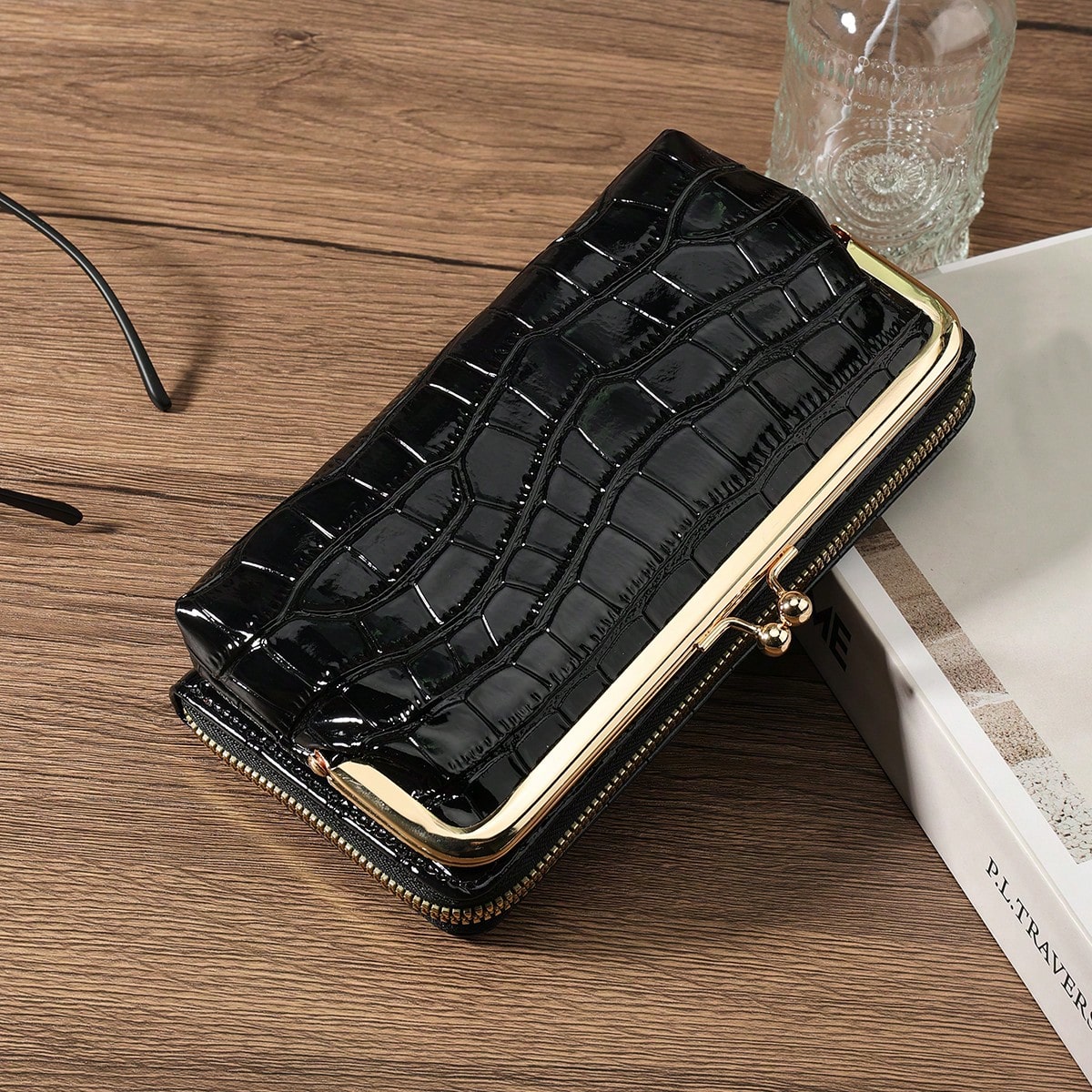Cartera larga de mujer de cuero PU con textura de piedra y relieve de cocodrilo, solapa, cierre de cremallera, multifuncional, gran capacidad, moneder