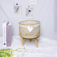 Rustic Iron Plant Stand With Wooden Legs, Flower Pot Holder With Storage Basket - Gold - View 6