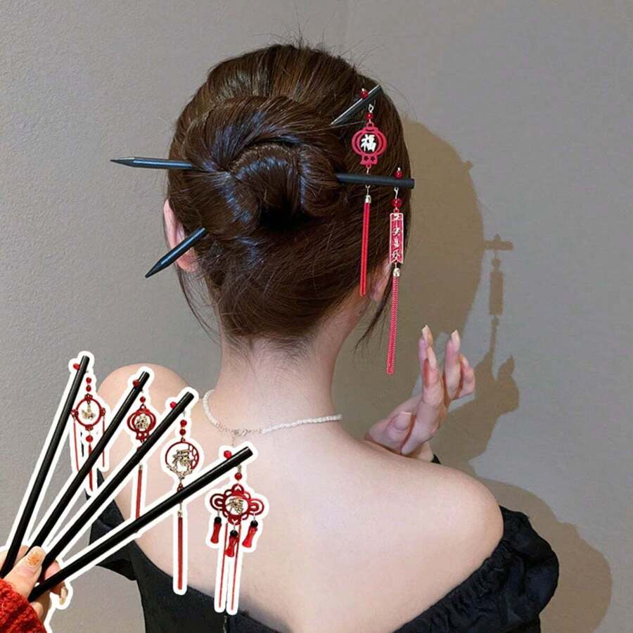 1 pieza Palillos para el cabello de la serie roja del Año Nuevo Chino, diadema con borlas retro festivas para cheongsam para mujer, accesorios para el cabello de festival, regalo elegante de extensión de moño, pasador para moño - palabra fu - Ver 1