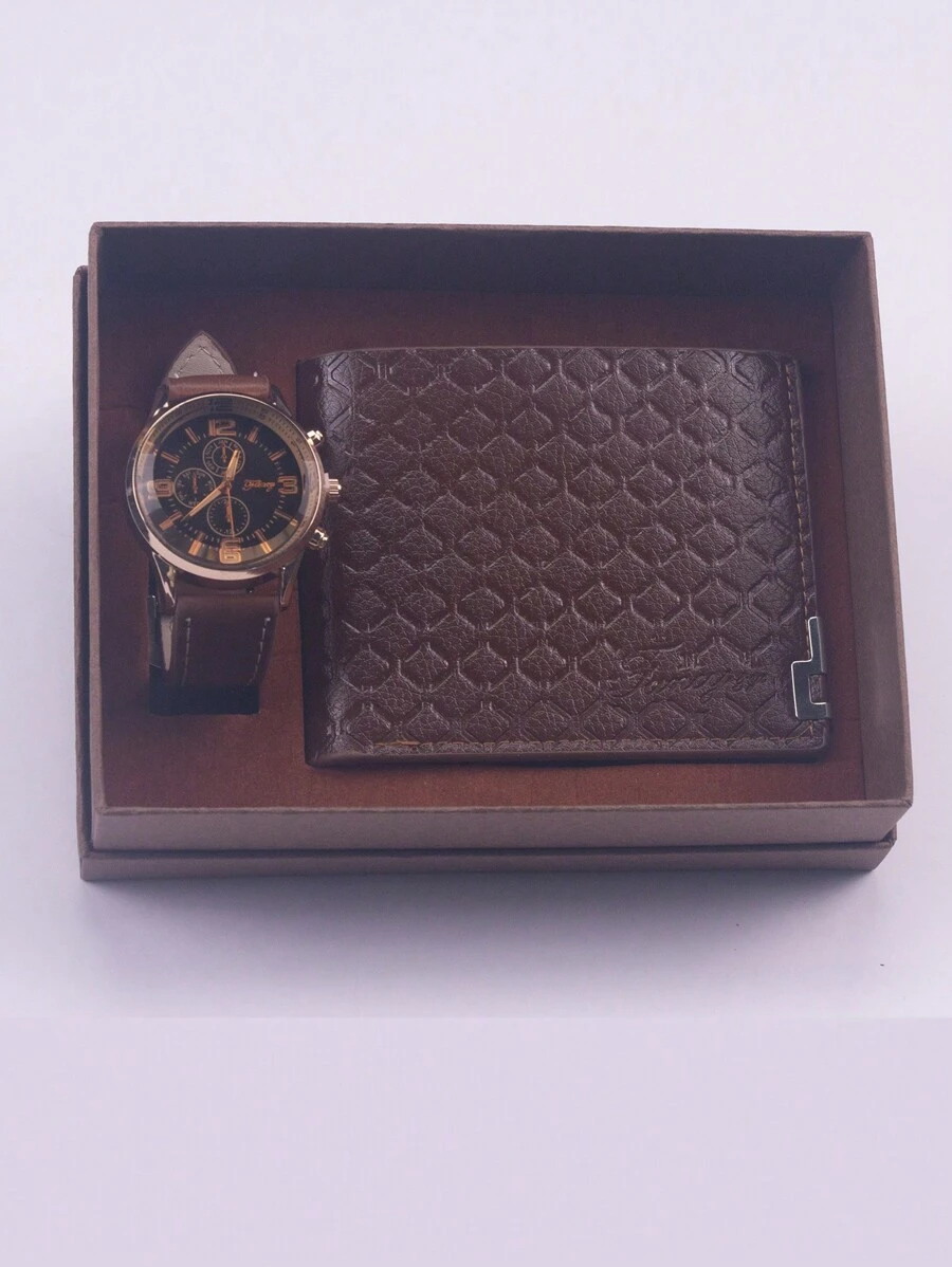 Conjunto de regalo para hombres que incluye cartera, reloj de pulsera de cuarzo minimalista y caja de regalo, ideal para cumpleaños, negocios, relajación, Navidad, Día del Padre, esposo, papá, novio, regalos para hombres - Negro - Ver 1
