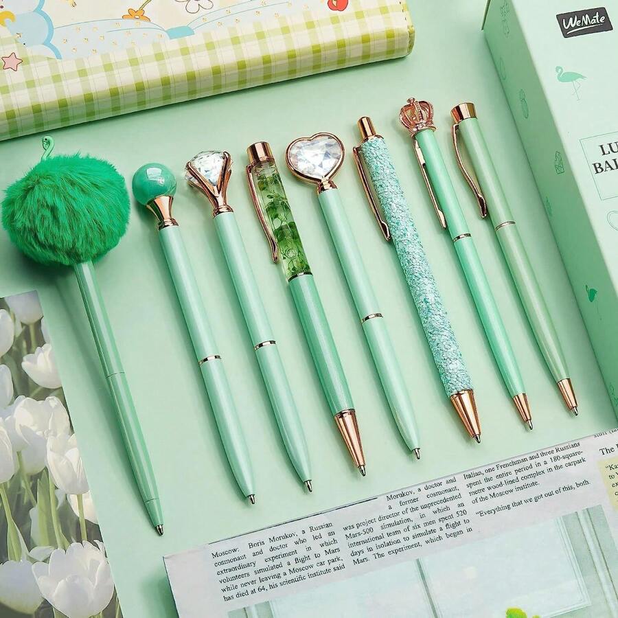 8 Pieces Ballpoint Pen Set Metal Crystal Diamond Pen Glitter Pen For Journaling Black & Blue Ink Pretty Cute Writing Pens Fancy Pens Gifts For Women Office Home Suitable For Pupils, Students, Colleges - 綠色 - 查看 1