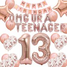 39 件 OMG URA TEENAGER 13 岁生日派对装饰横幅、玫瑰金铝箔气球横幅、生日快乐横幅星形铝箔气球、玫瑰金和五彩纸屑乳胶气球、女孩 13 岁生日派对装饰、圣诞节 - 玫瑰金 - 查看 1