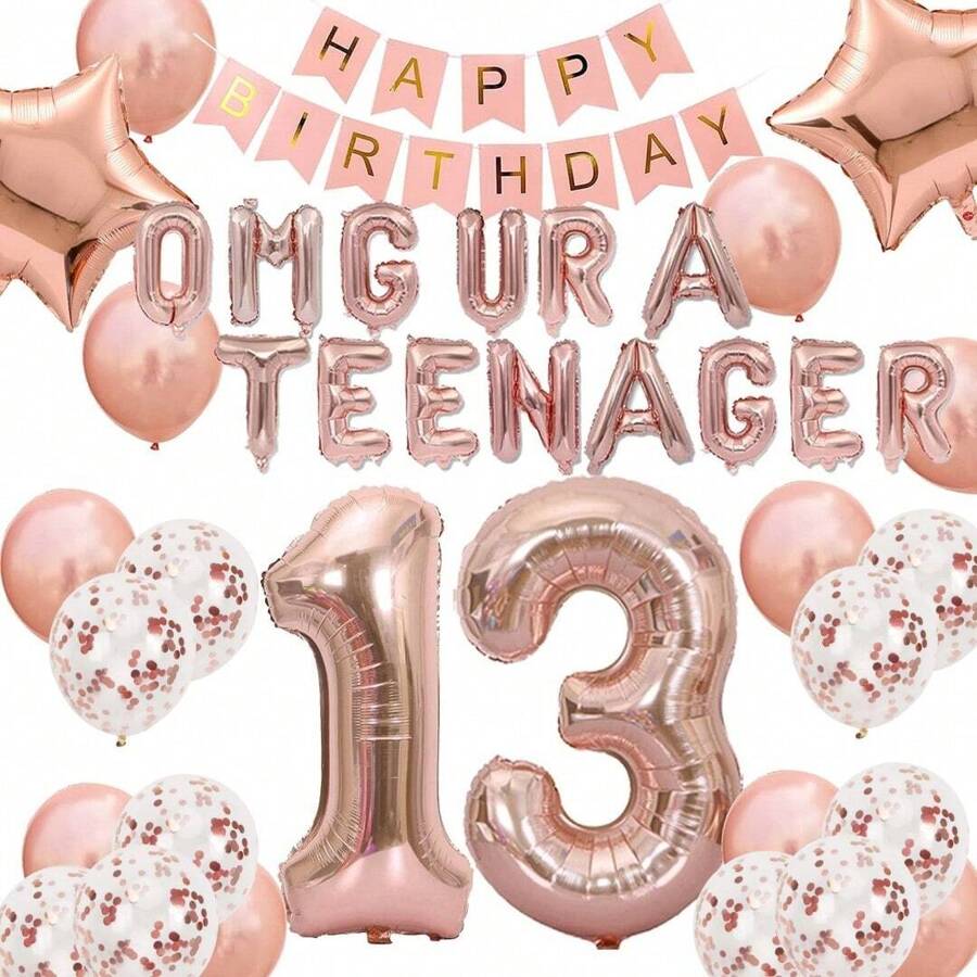39 件 OMG URA TEENAGER 13 岁生日派对装饰横幅、玫瑰金铝箔气球横幅、生日快乐横幅星形铝箔气球、玫瑰金和五彩纸屑乳胶气球、女孩 13 岁生日派对装饰、圣诞节 - 玫瑰金 - 查看 1