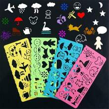 1 Set Of 4 Colors Plastic Drawing Ruler, Creative Multifunctional Drawing Hollow Out Drawing Board Tool Cartoon Animal Pattern Kaleidoscope Art Kit Children Flower Pressing Toy, Random Color Delivery - Pink - View 1