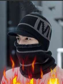 1pc 's Winter Ear Protection Thermal Lined Neck Warmer With Hooded Mask - Black - View 1